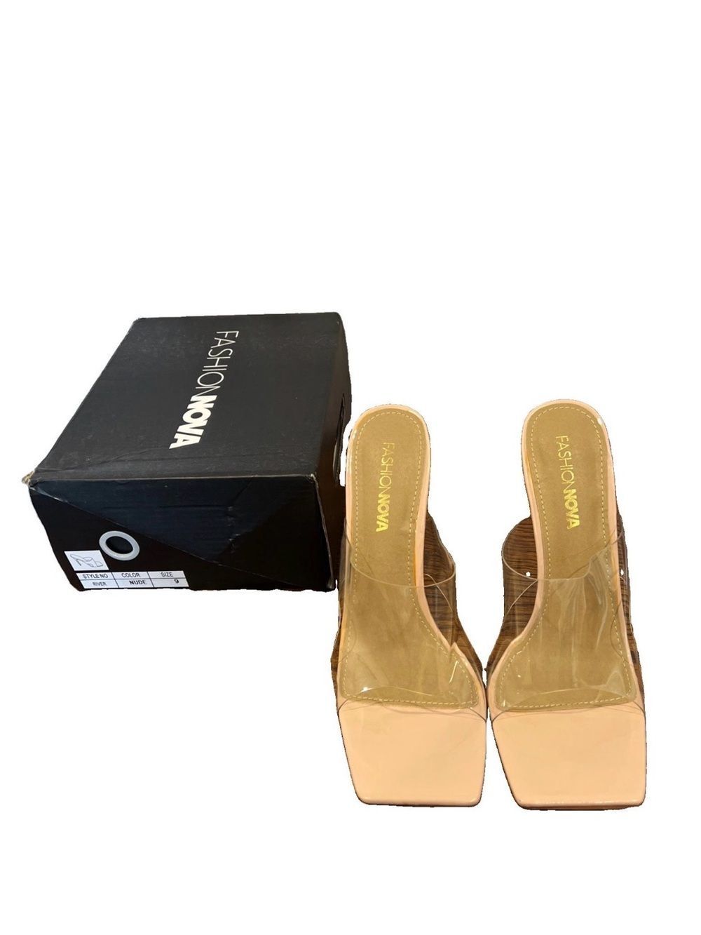 Fashion Nova Tan Clear Strap Square Toe Mule Heels